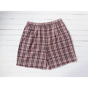 vtg olive green‎ red blue beige plaid cotton pleated high waist shorts